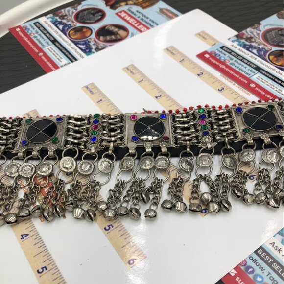 Black Stone Choker, Handmade Afghan Choker with Stones and Silver Beads, Kuchi - Picture 5 of 13